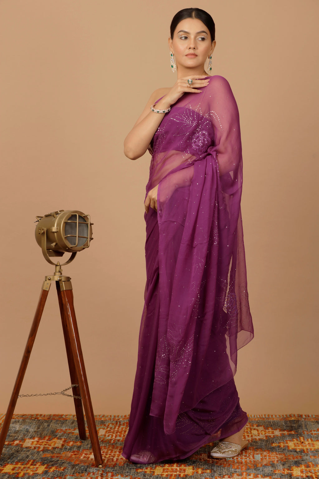 Purple Hand Embroidered Mukaish Net-Patch Chiffon Saree