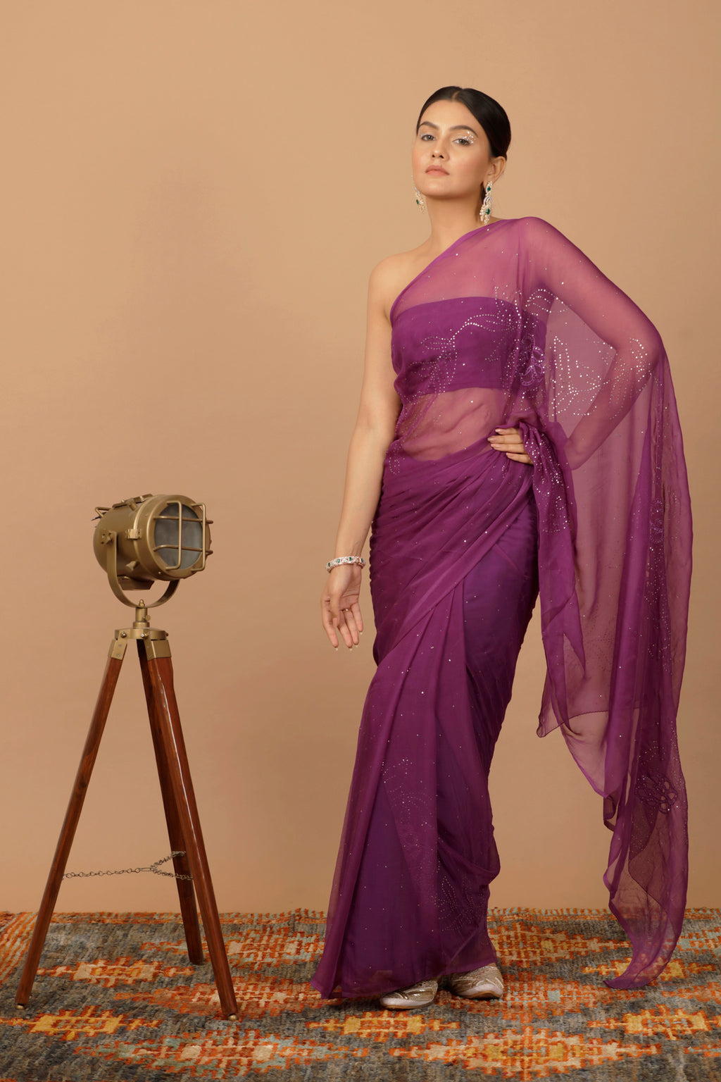 Purple Hand Embroidered Mukaish Net-Patch Chiffon Saree