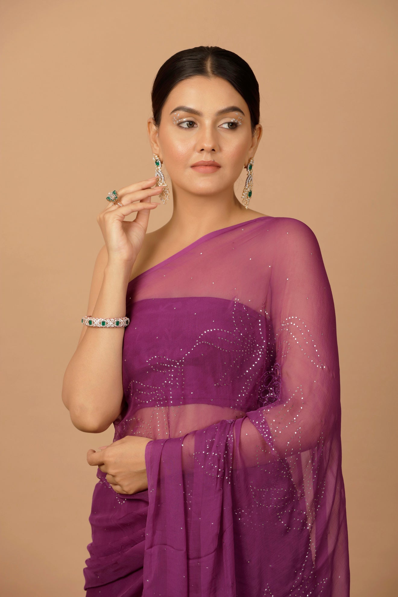 Purple Hand Embroidered Mukaish Net-Patch Chiffon Saree
