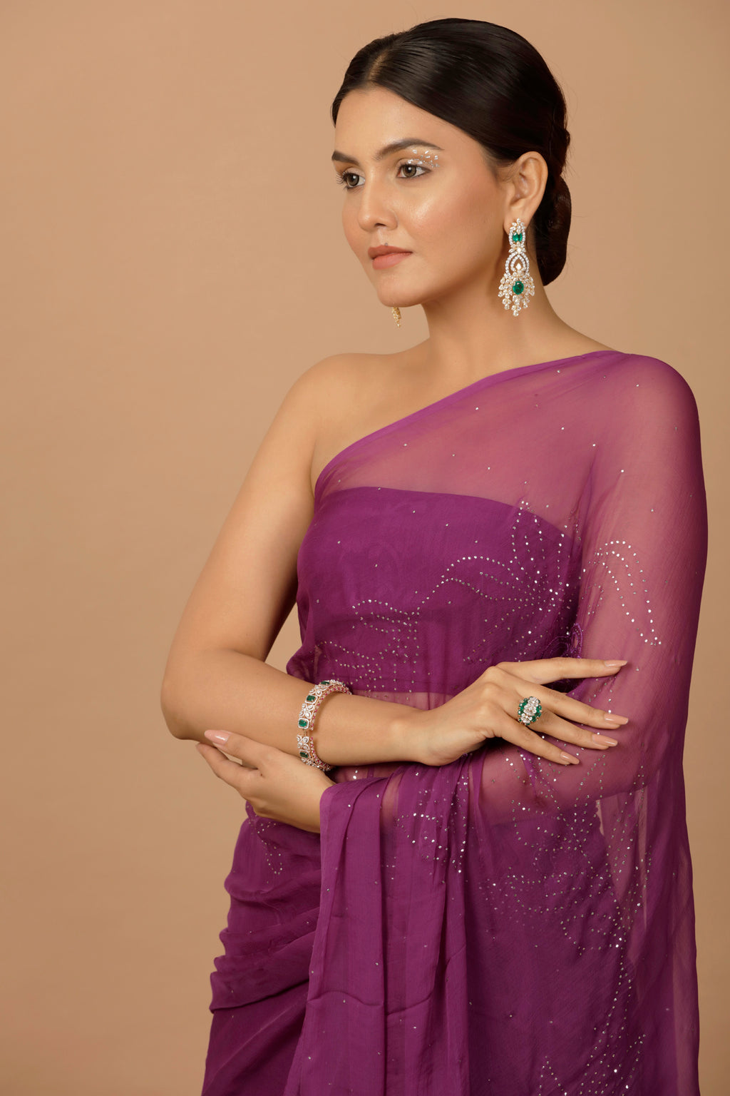 Purple Hand Embroidered Mukaish Net-Patch Chiffon Saree
