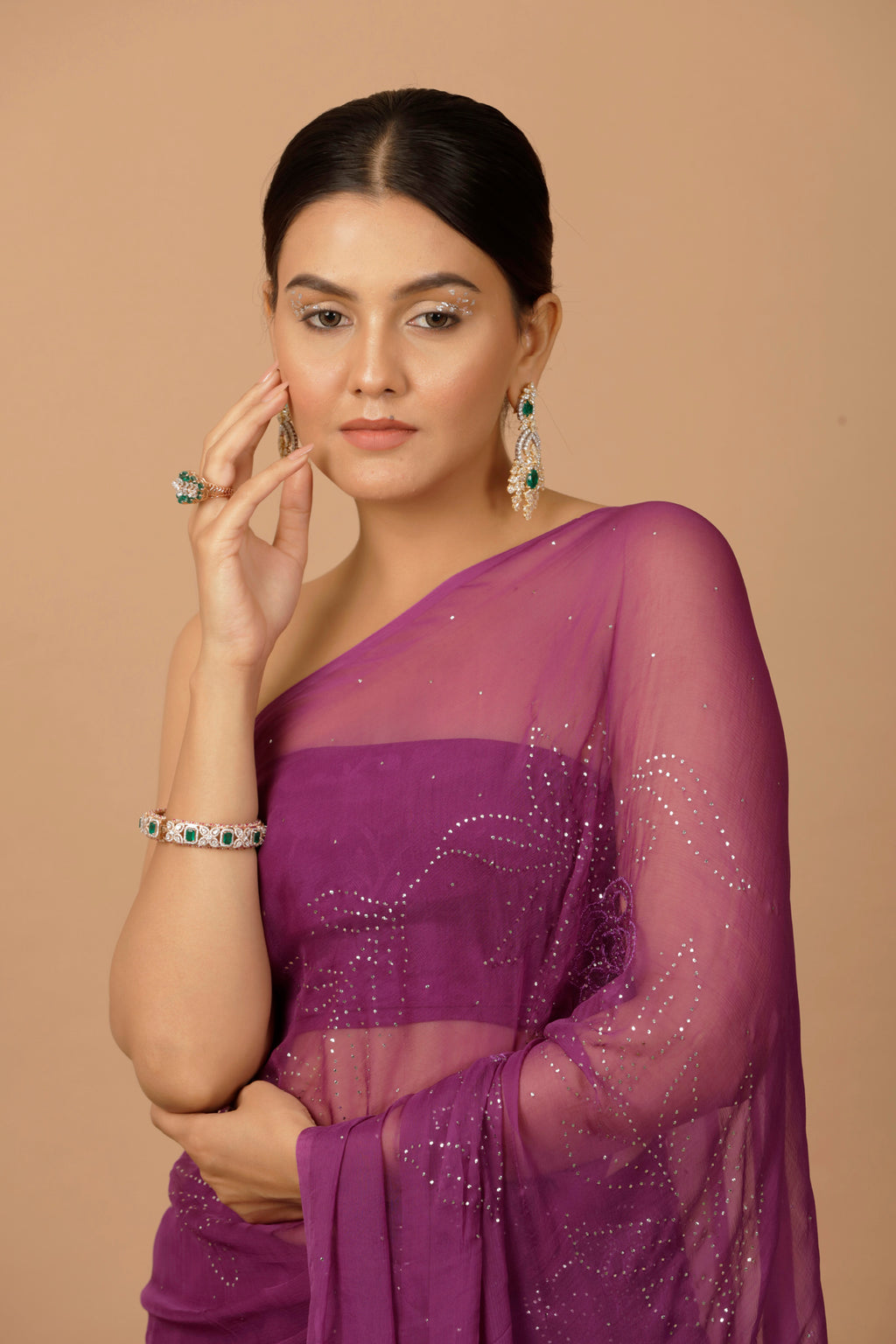 Purple Hand Embroidered Mukaish Net-Patch Chiffon Saree