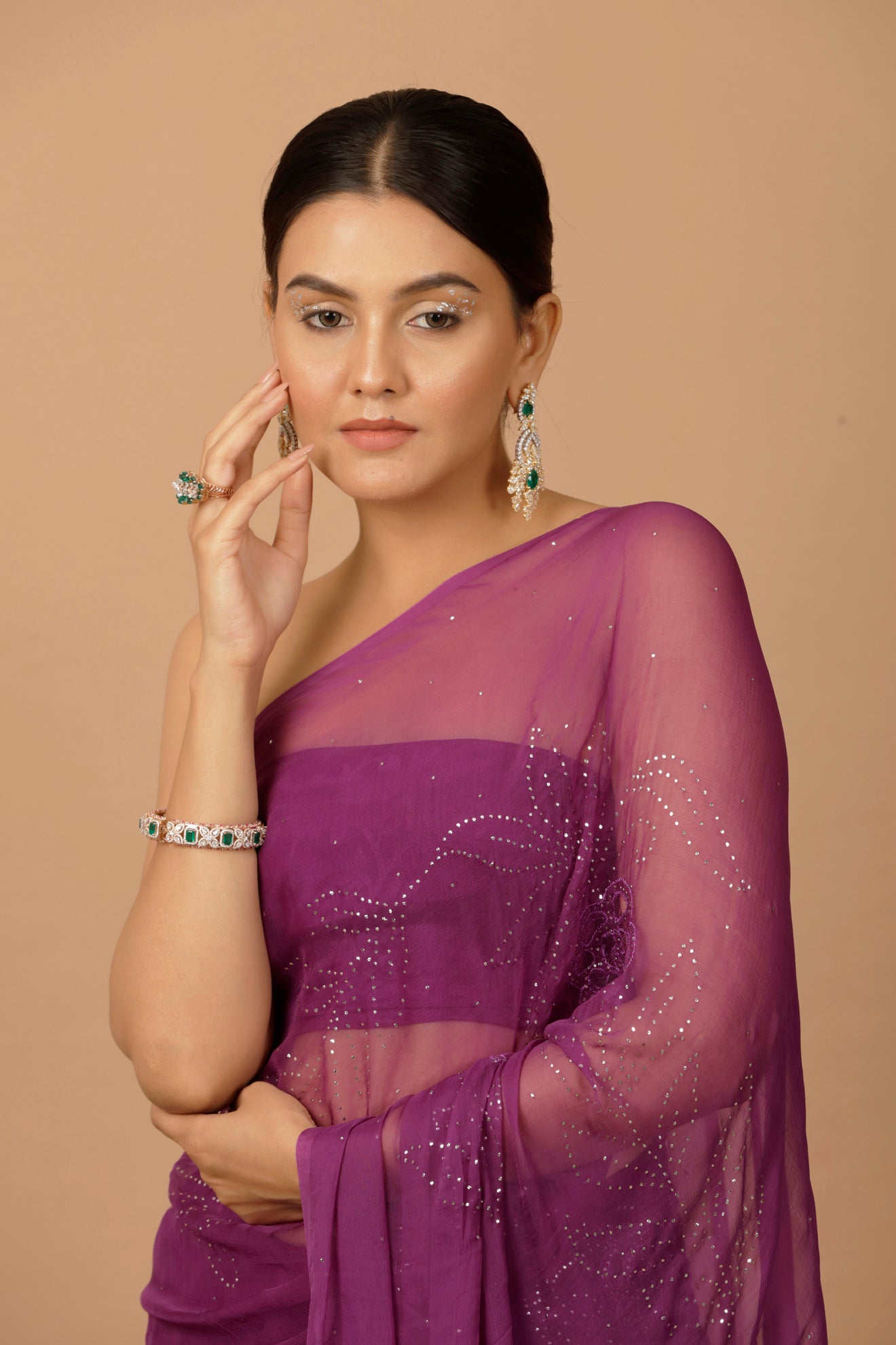 Purple Hand Embroidered Mukaish Net-Patch Chiffon Saree