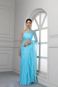 Blue Hand Embroidered Mukaish Net-Patch Chiffon Saree