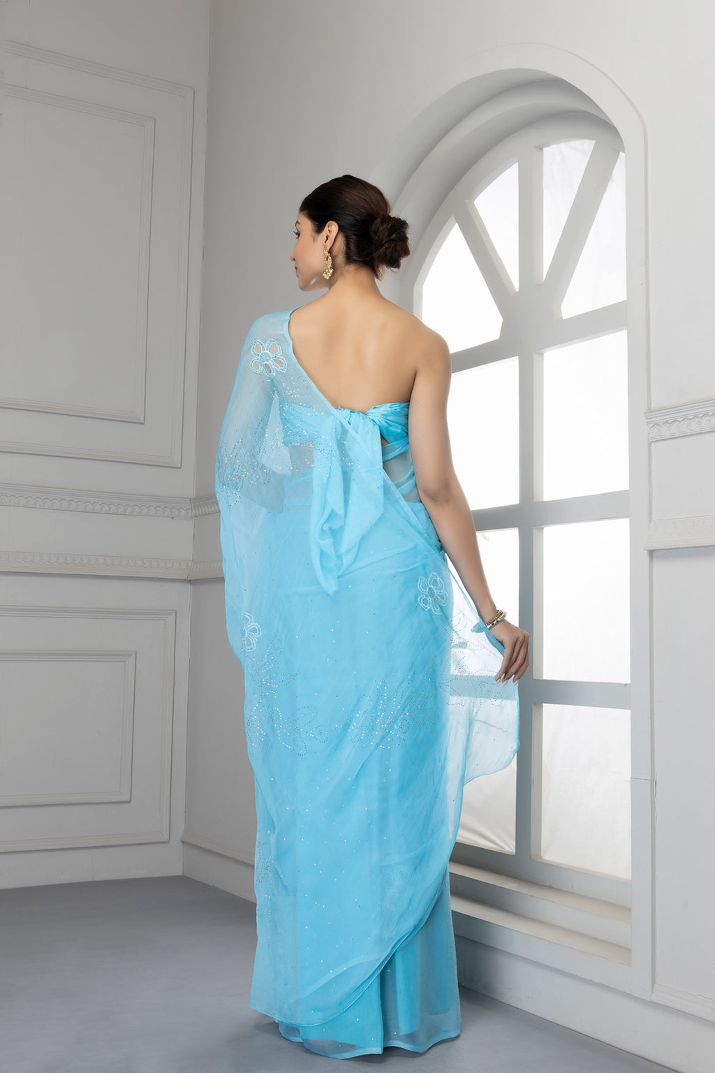 Blue Hand Embroidered Mukaish Net-Patch Chiffon Saree
