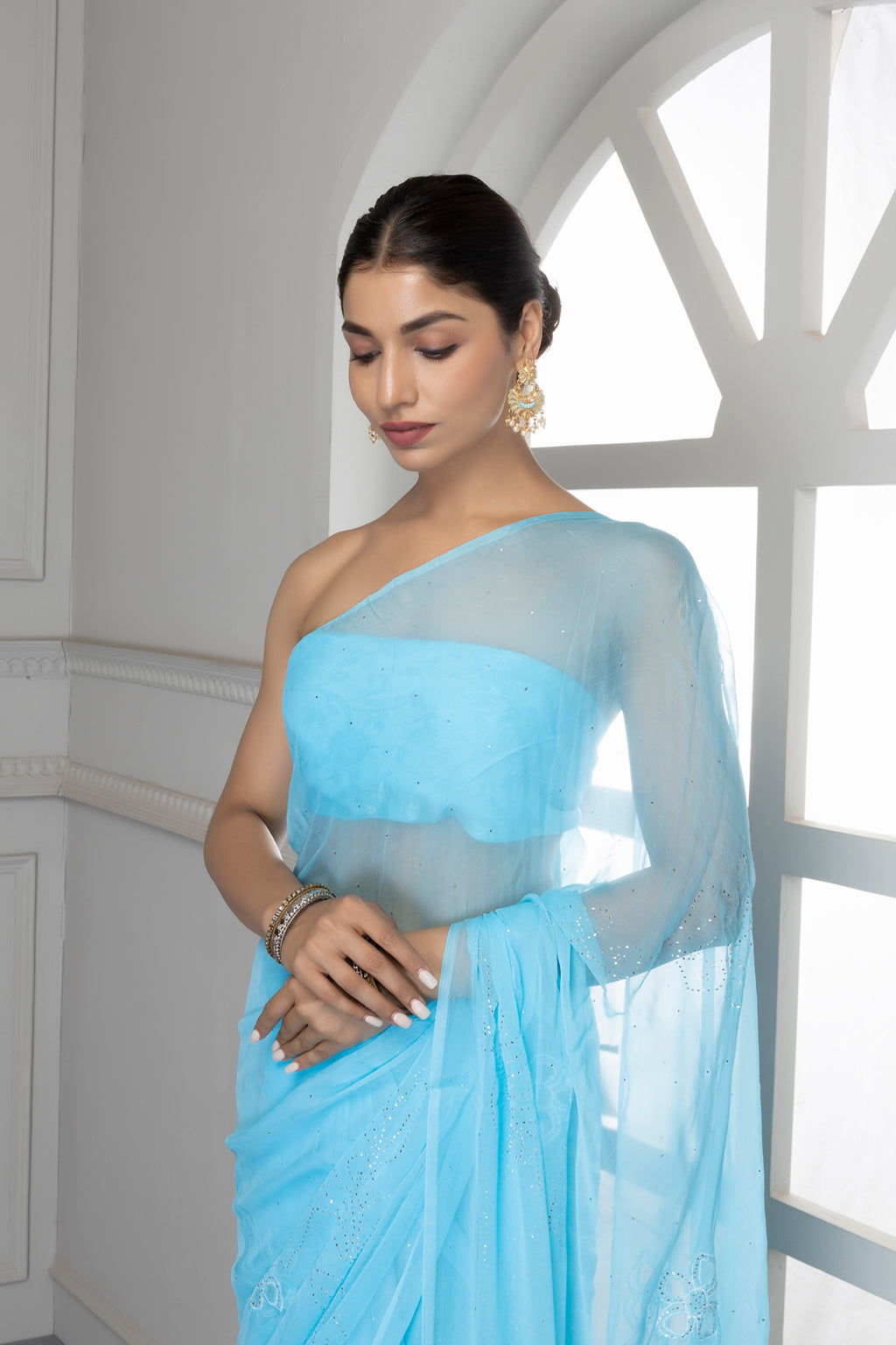 Blue Hand Embroidered Mukaish Net-Patch Chiffon Saree
