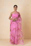 Pink Floral Hand Painted Organza Saree