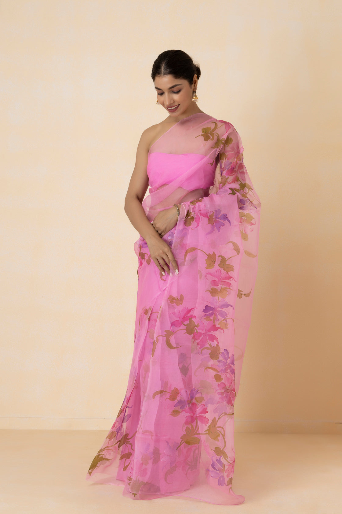 Pink Floral Hand Painted Pure Organza Saree