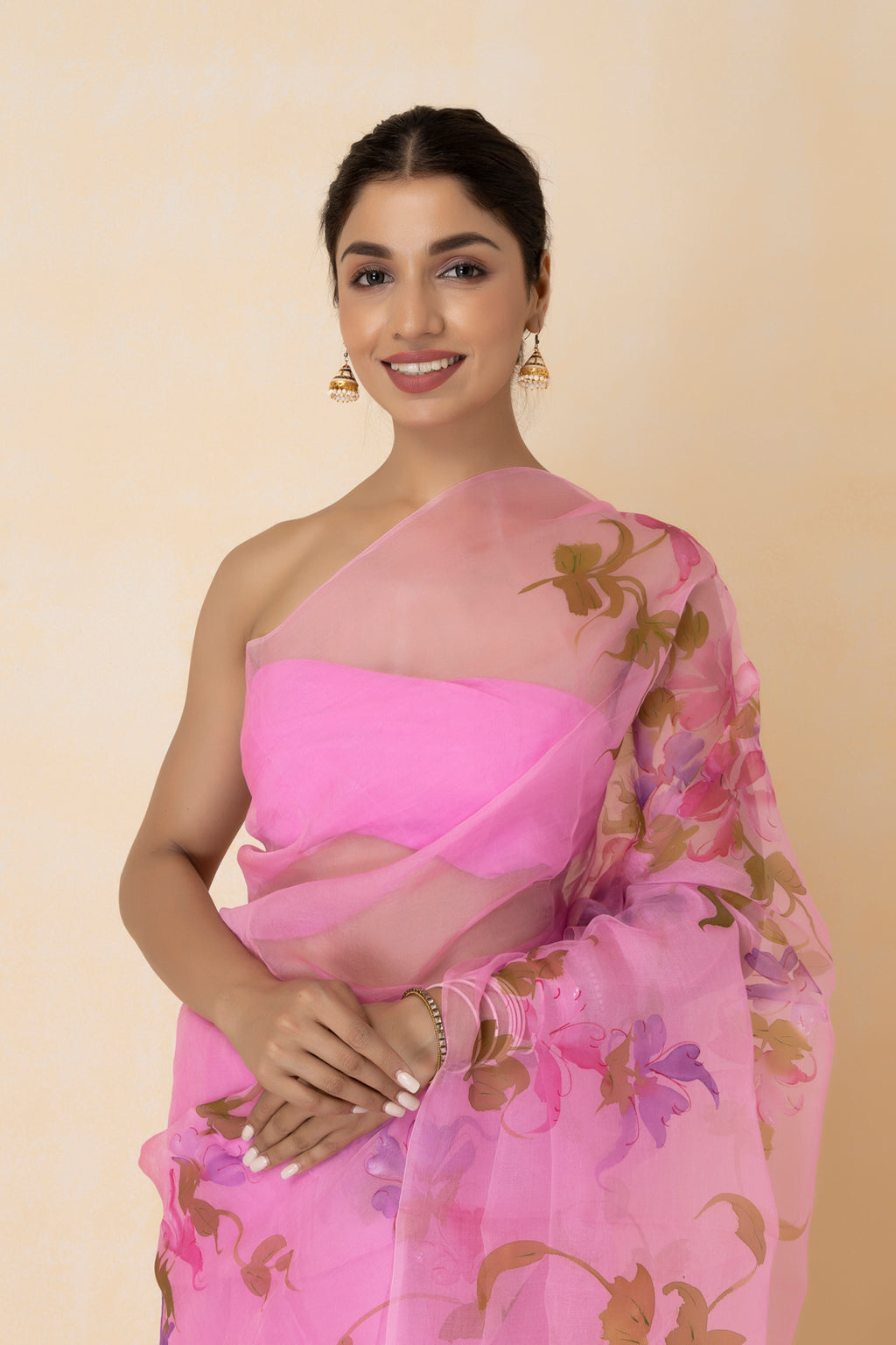 Pink Floral Hand Painted Pure Organza Saree