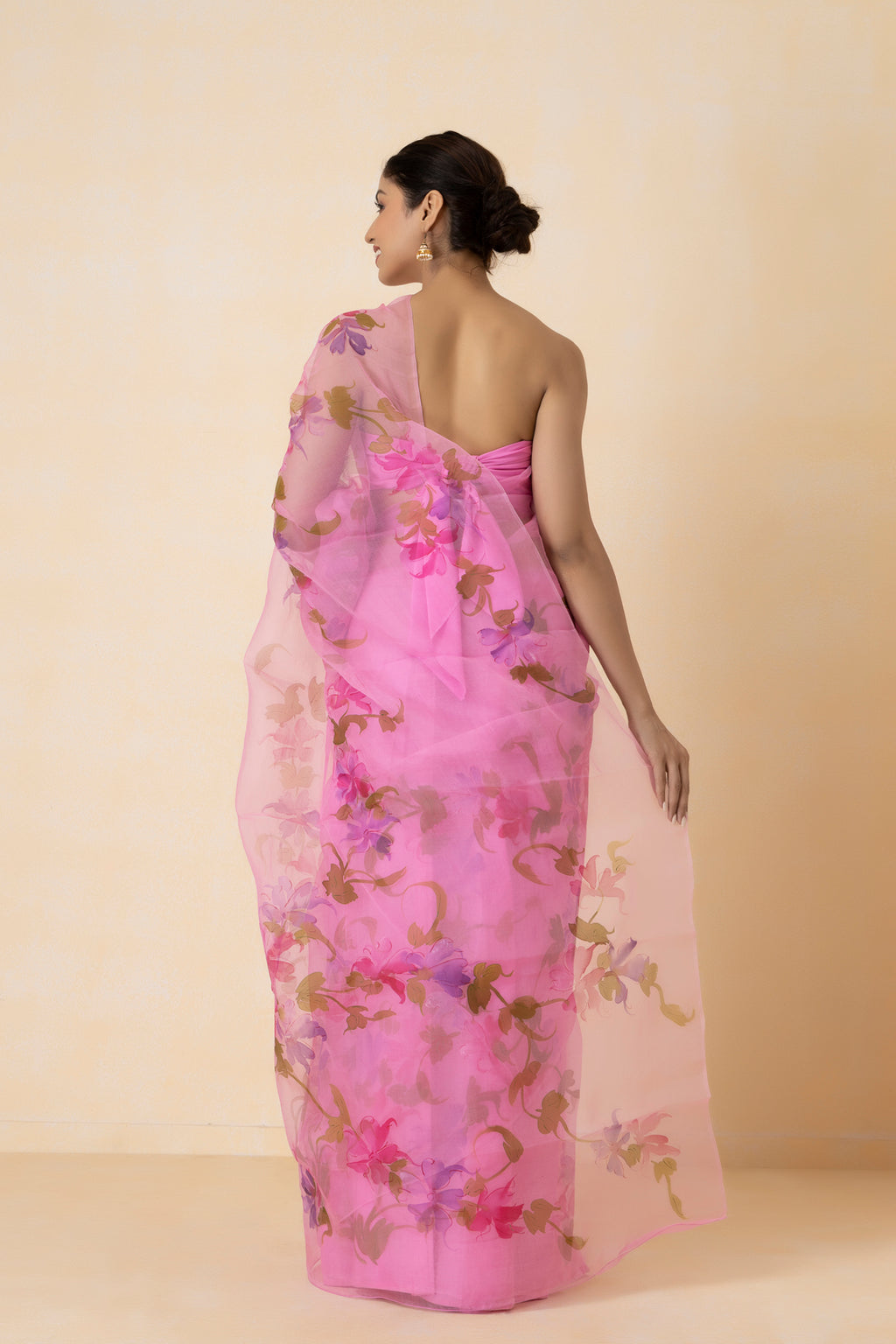 Pink Floral Hand Painted Pure Organza Saree