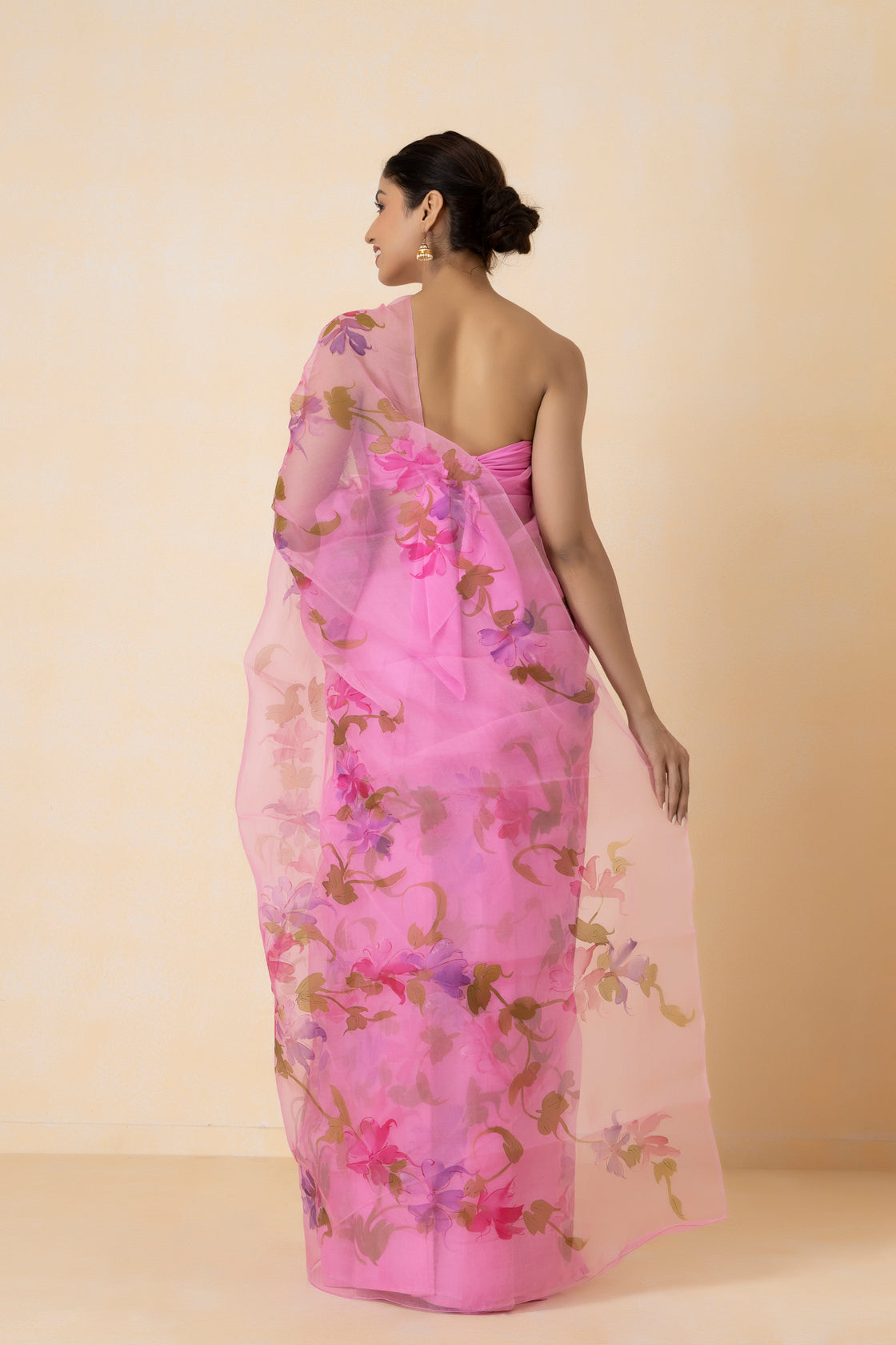 Pink Floral Hand Painted Pure Organza Saree