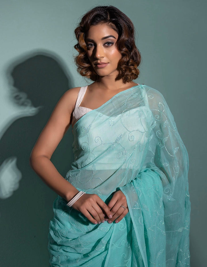 Blue handcrafted sequins jaal pure chiffon saree