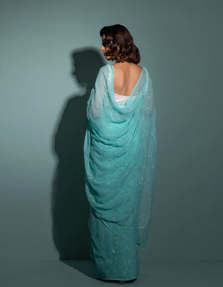 Blue handcrafted sequins jaal pure chiffon saree