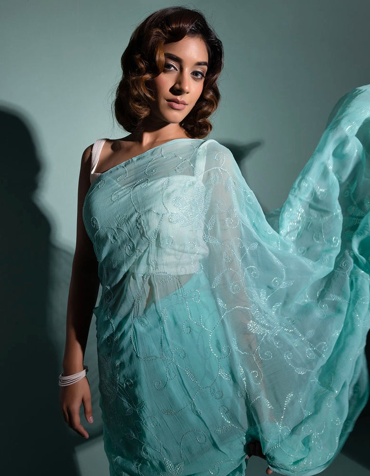 Blue handcrafted sequins jaal pure chiffon saree