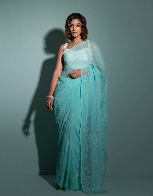 Blue handcrafted sequins jaal pure chiffon saree