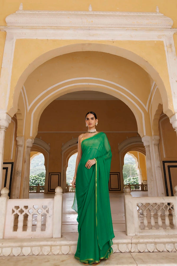 Green Hand-Dyed Chiffon Saree with Jacquard Blouse