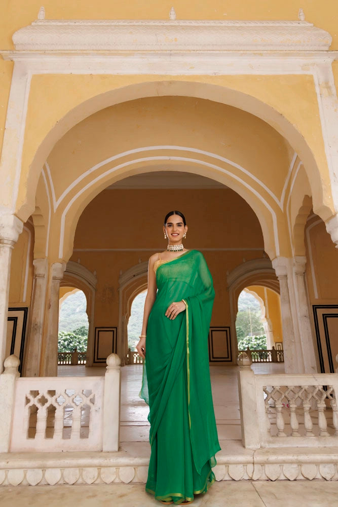 Green Hand-Dyed Chiffon Saree with Jacquard Blouse