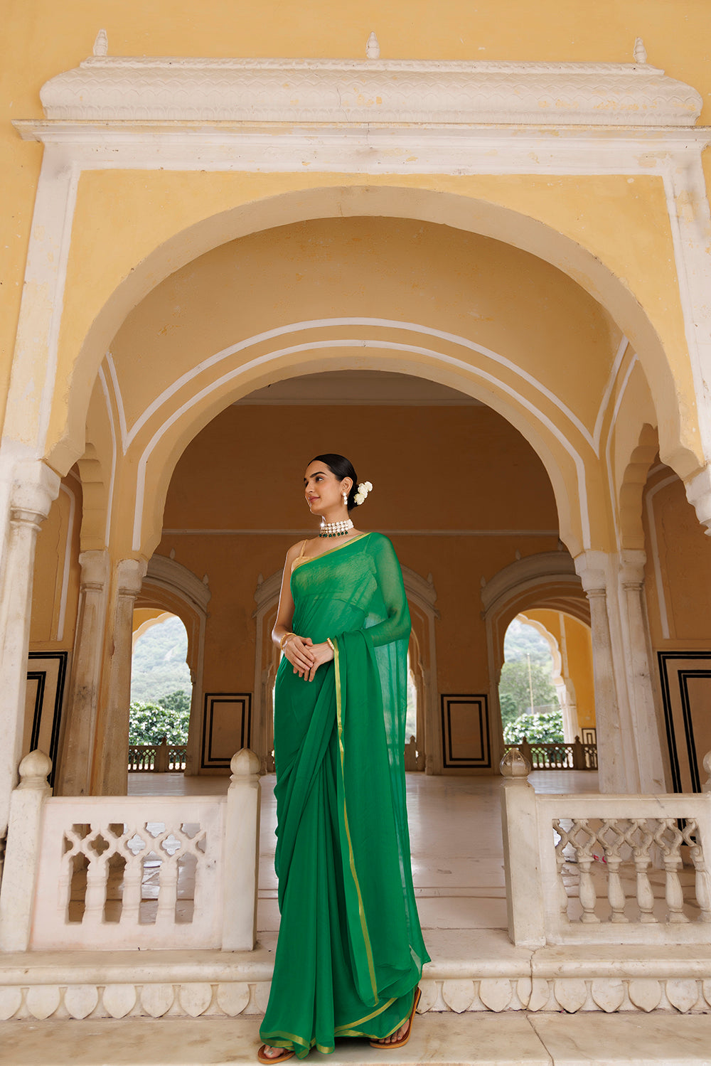 Green Hand-Dyed Chiffon Saree With Jacquard Blouse
