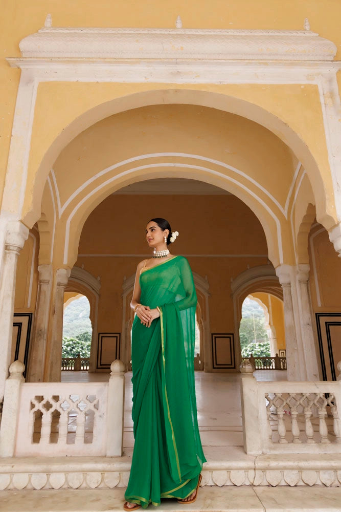 Green Hand-Dyed Chiffon Saree with Jacquard Blouse