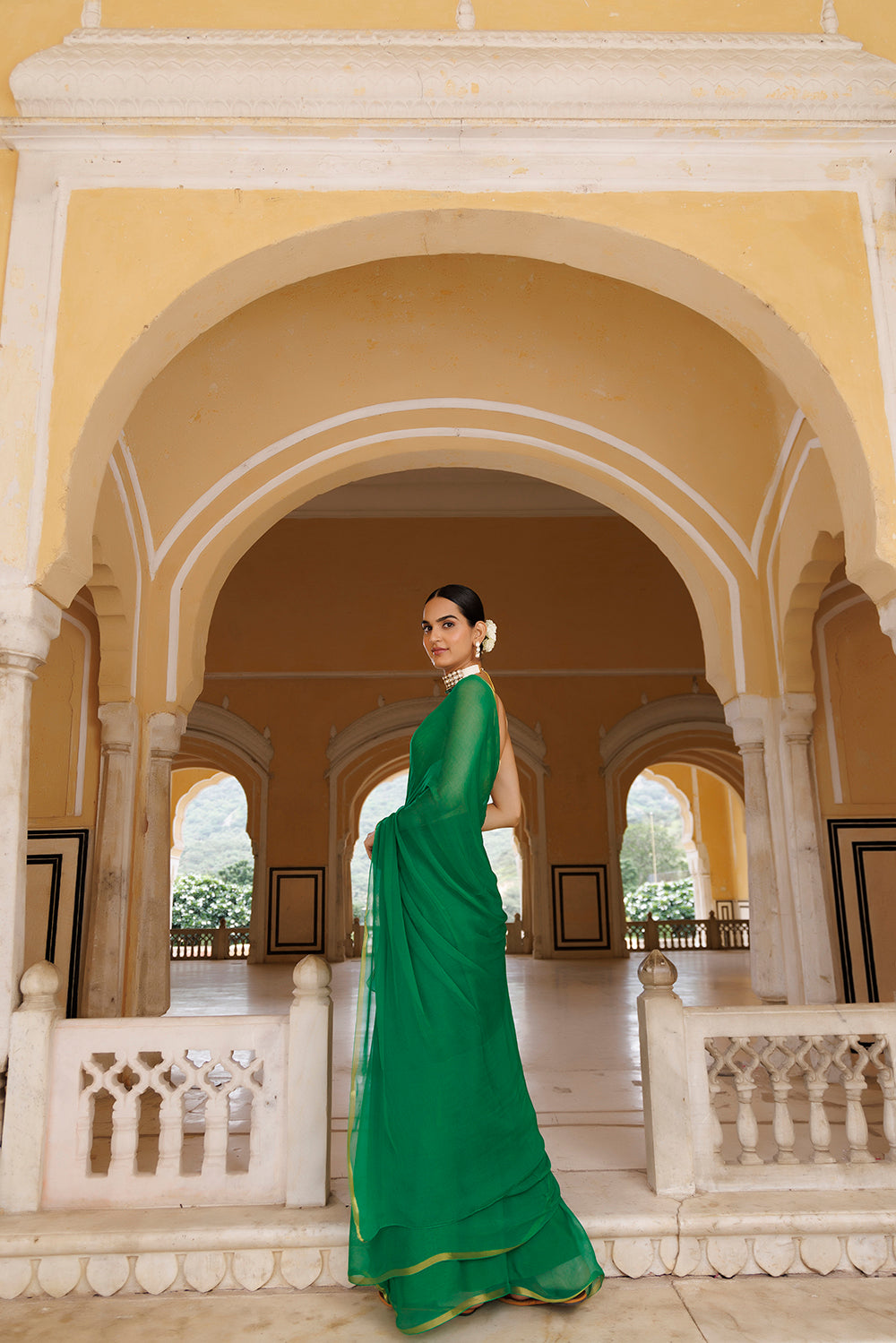 Green Hand-Dyed Chiffon Saree With Jacquard Blouse