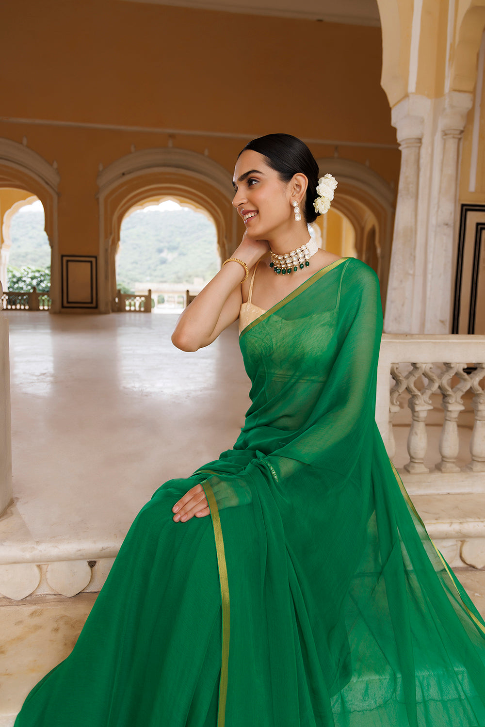 Green Hand-Dyed Chiffon Saree With Jacquard Blouse