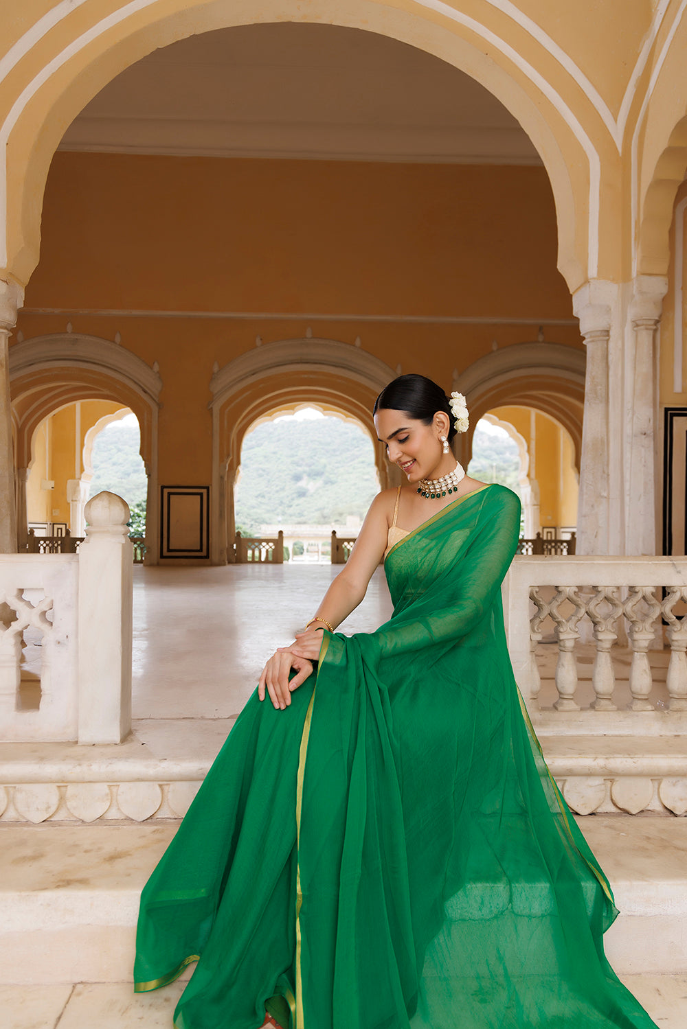 Green Hand-Dyed Chiffon Saree With Jacquard Blouse