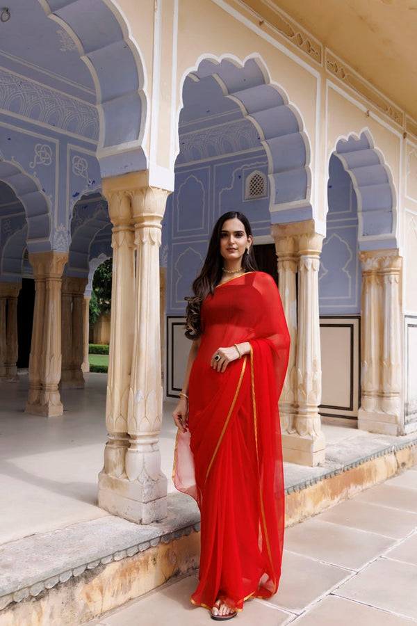 Red Hand-Dyed Chiffon Saree with Jacquard Blouse