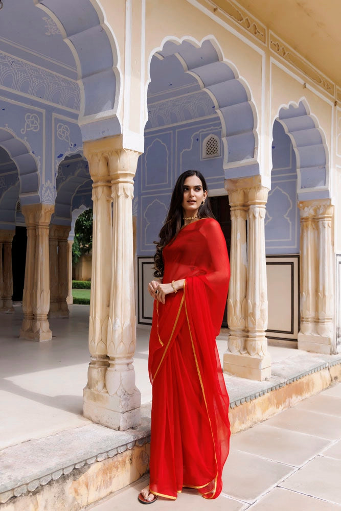 Red Hand-Dyed Chiffon Saree with Jacquard Blouse