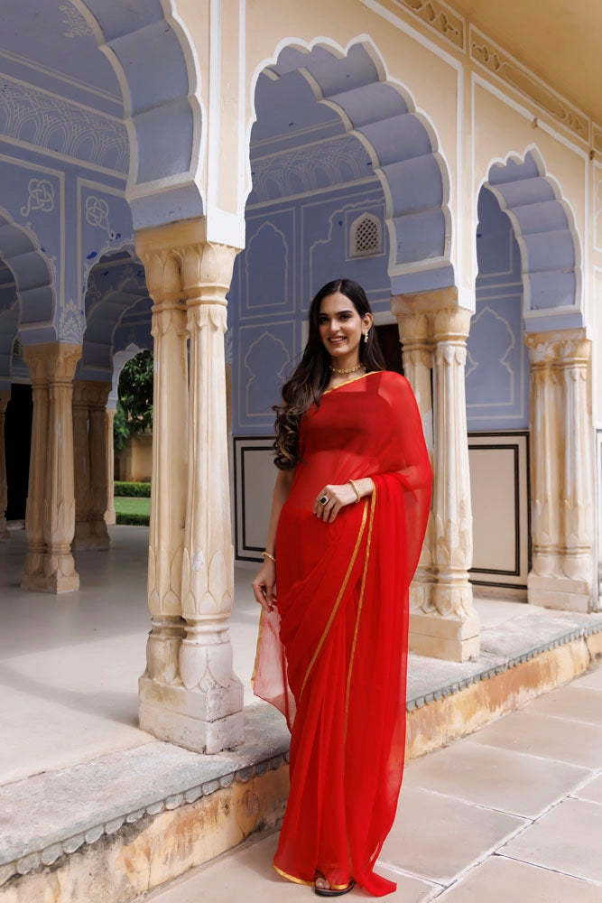 Red Hand-Dyed Chiffon Saree with Jacquard Blouse