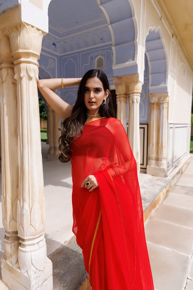 Red Hand-Dyed Chiffon Saree with Jacquard Blouse