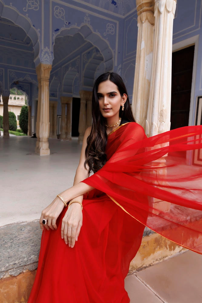 Red Hand-Dyed Chiffon Saree with Jacquard Blouse