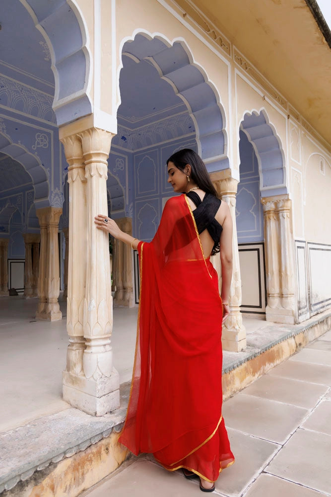 Red Hand-Dyed Chiffon Saree with Jacquard Blouse