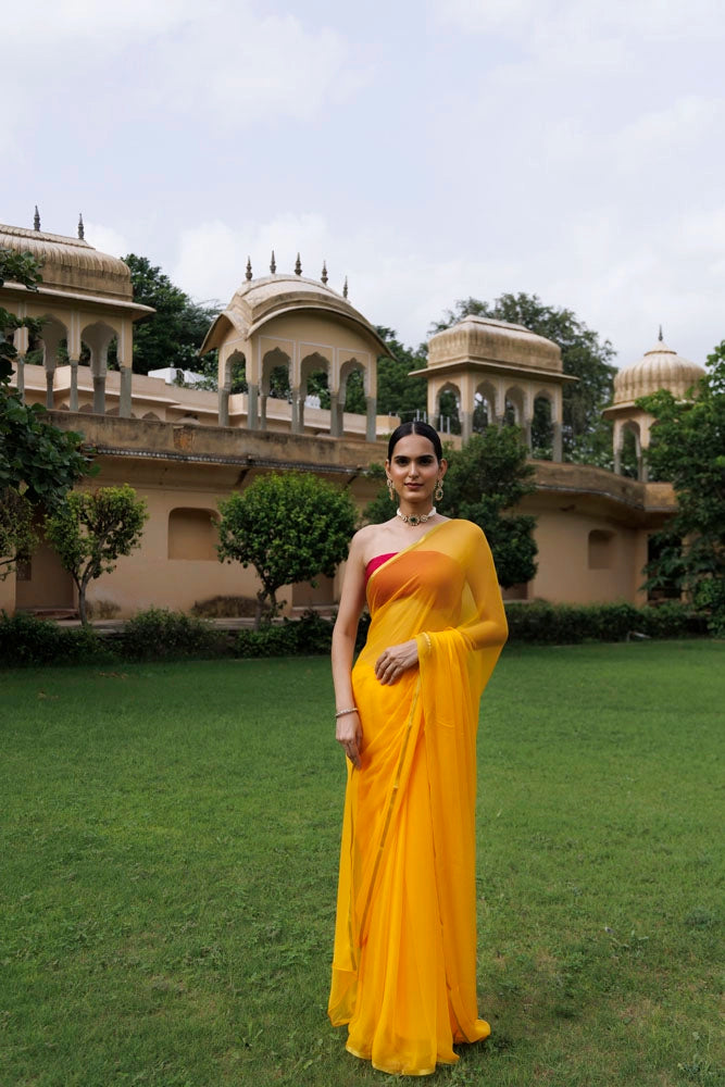 Yellow Hand-Dyed Chiffon Saree with Jacquard Blouse