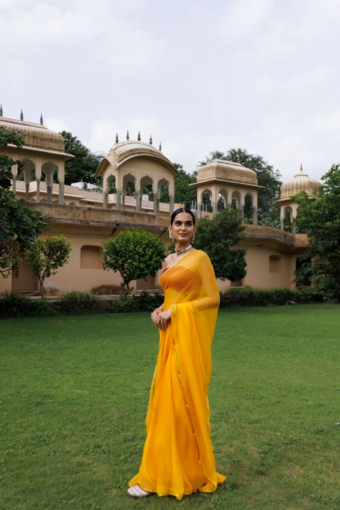 Yellow Hand-Dyed Chiffon Saree with Jacquard Blouse