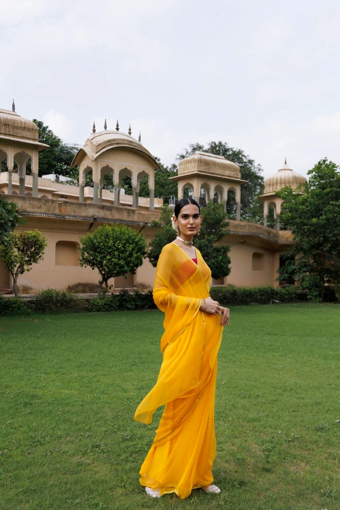 Yellow Hand-Dyed Chiffon Saree with Jacquard Blouse