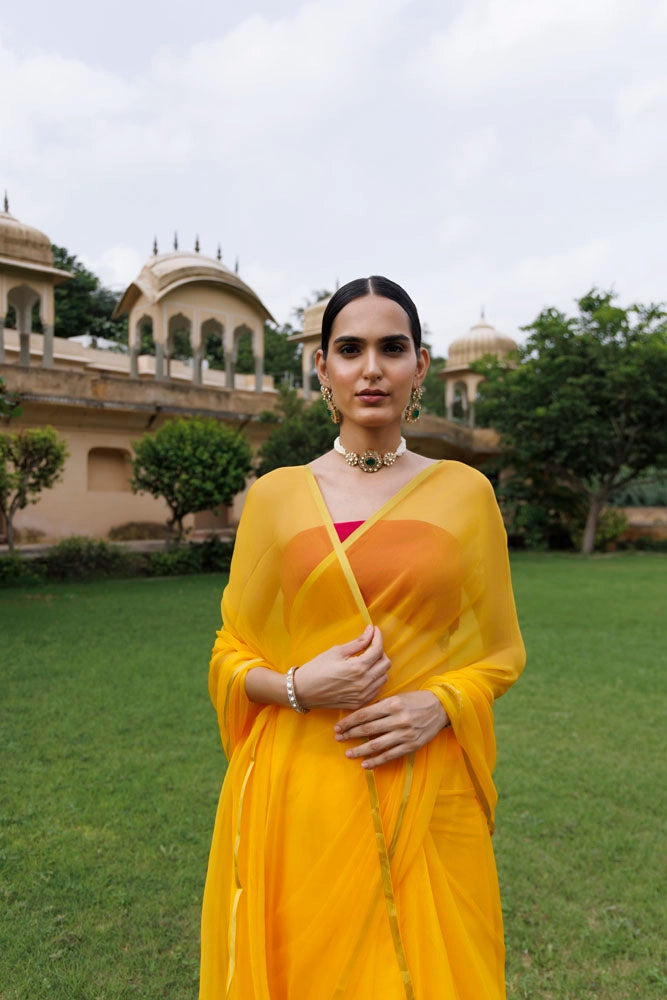 Yellow Hand-Dyed Chiffon Saree with Jacquard Blouse