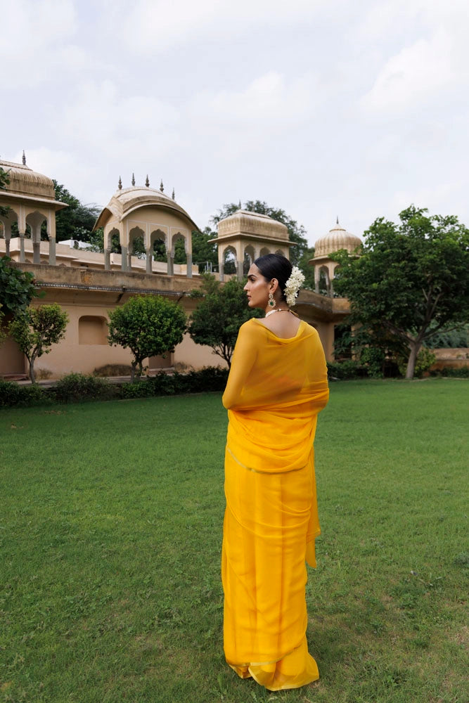 Yellow Hand-Dyed Chiffon Saree with Jacquard Blouse