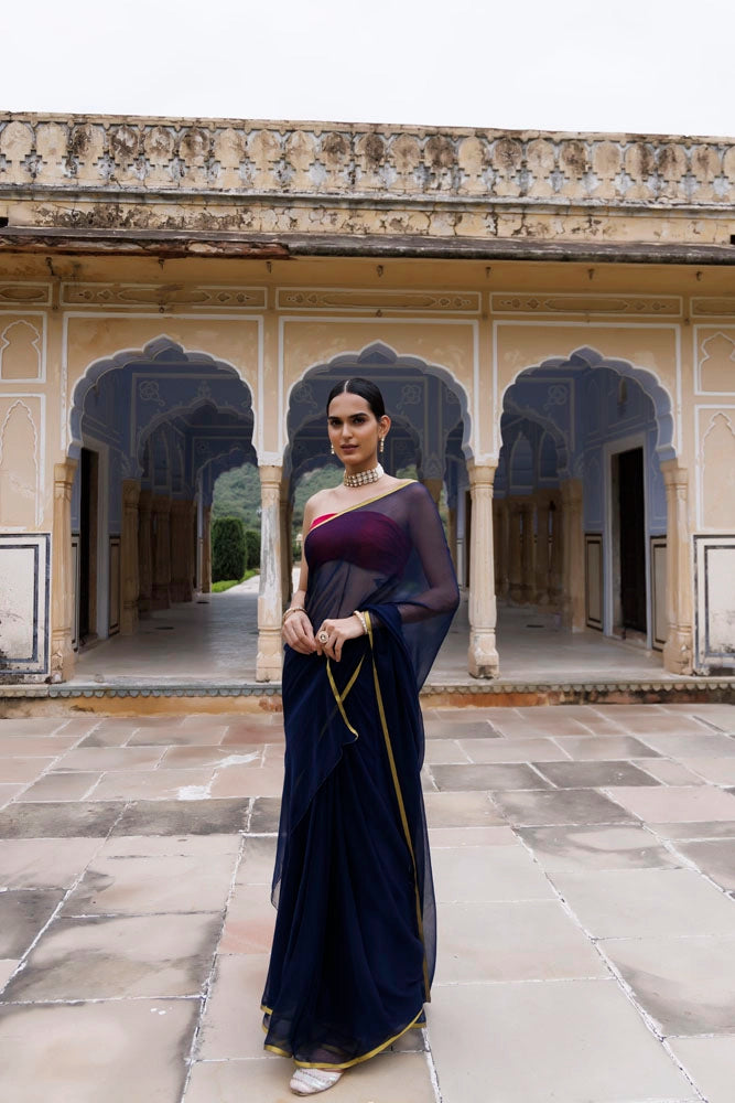 Navy Blue Hand-Dyed Chiffon Saree with Jacquard Blouse