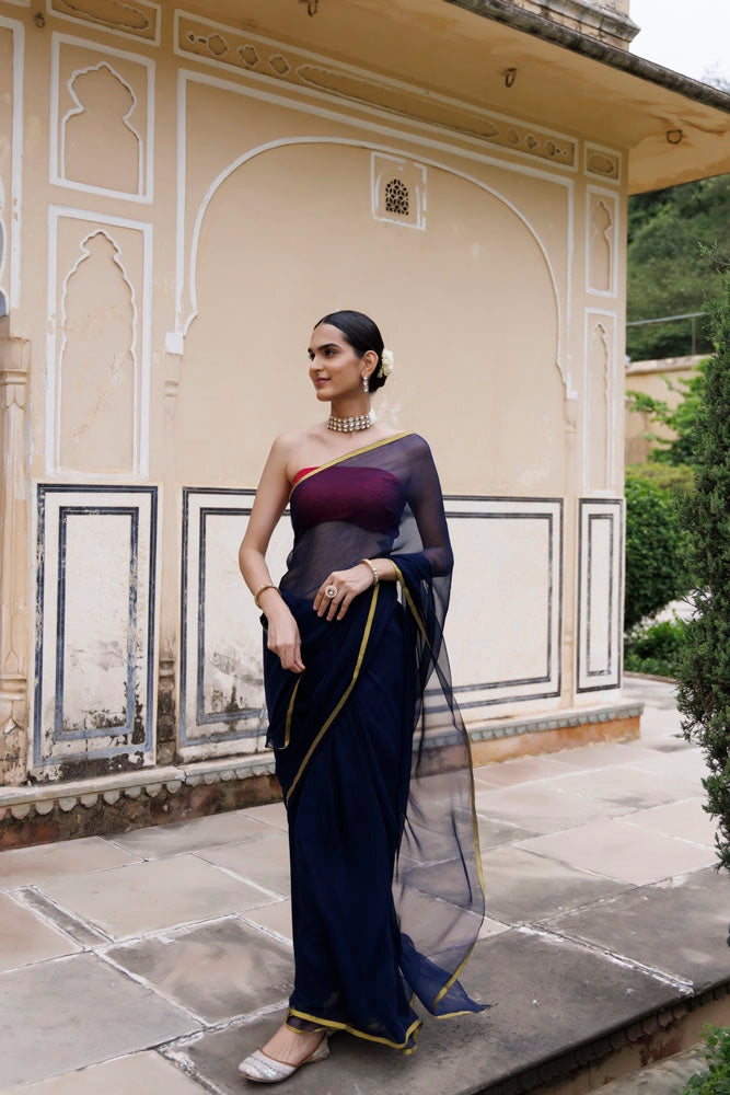Navy Blue Hand-Dyed Chiffon Saree with Jacquard Blouse