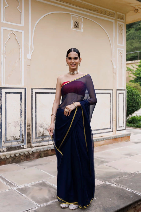 Navy Blue Hand-Dyed Chiffon Saree with Jacquard Blouse