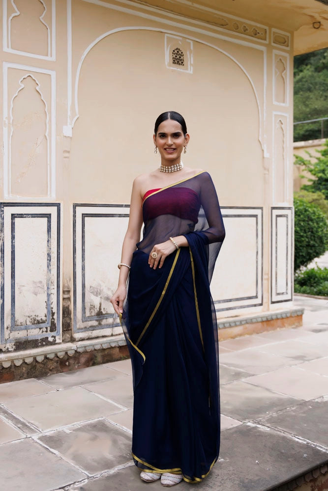 Navy Blue Hand-Dyed Chiffon Saree with Jacquard Blouse