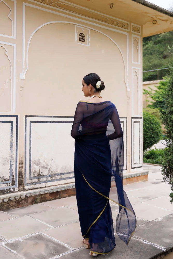 Navy Blue Hand-Dyed Chiffon Saree with Jacquard Blouse