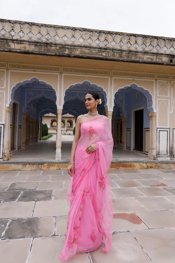 Pink Hand Painted Floral Chiffon Saree