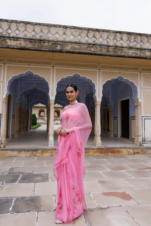 Pink Hand Painted Floral Chiffon Saree