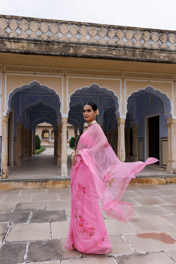 Pink Hand Painted Floral Chiffon Saree