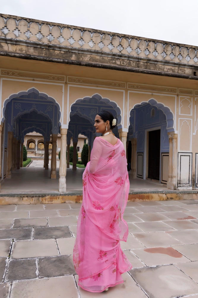 Pink Hand Painted Floral Chiffon Saree