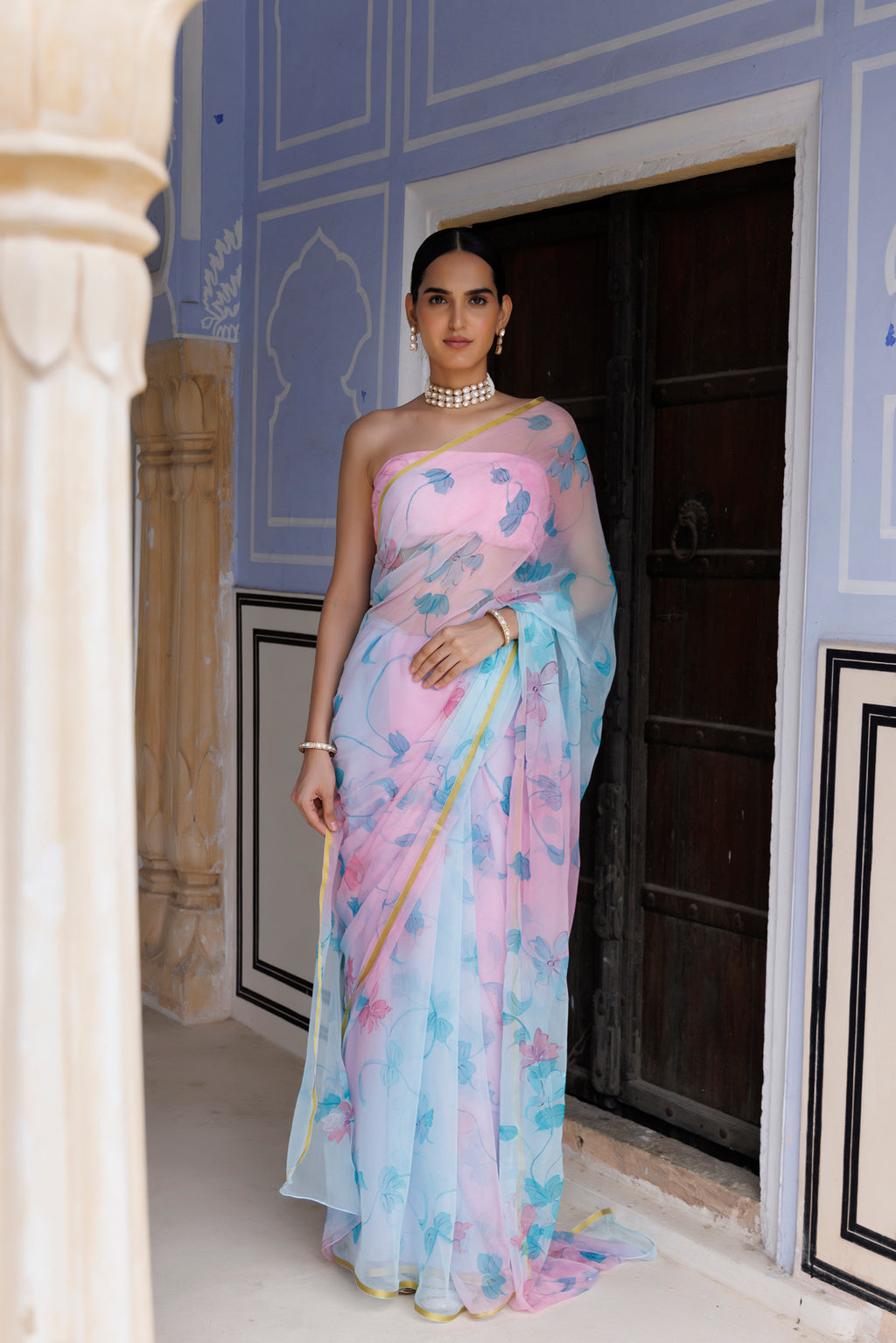 Blue-Pink Shaded Hand Painted Floral Chiffon Saree