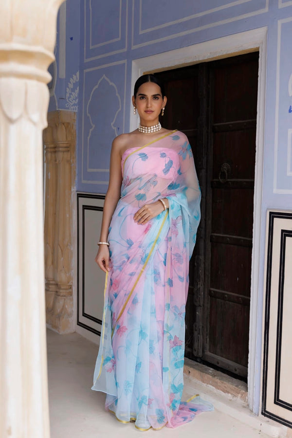 Blue-Pink shaded Hand Painted Floral Chiffon Saree