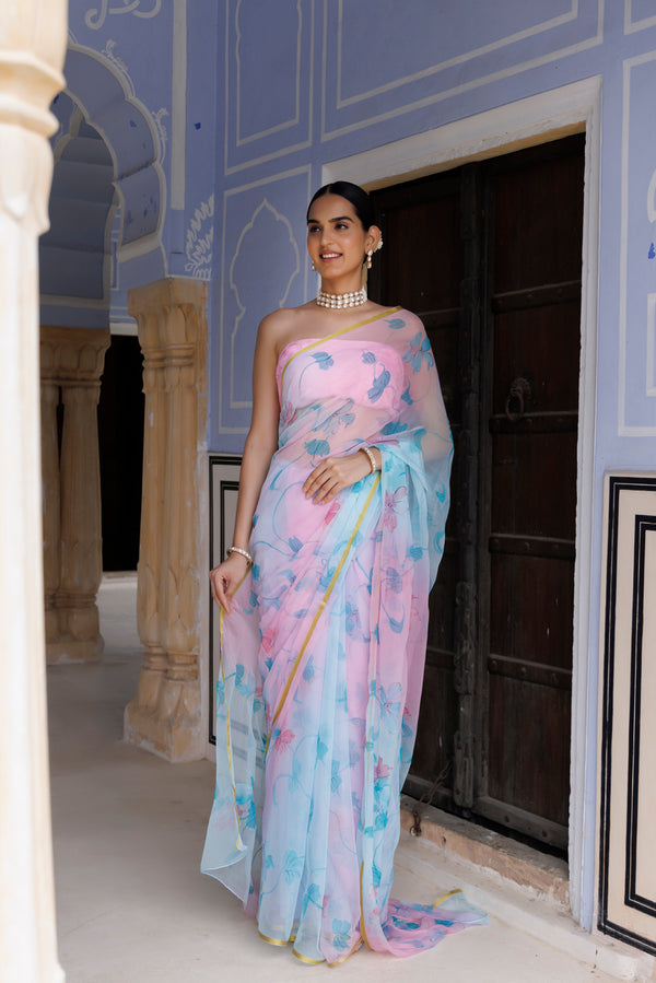 Blue-Pink Shaded Hand Painted Floral Chiffon Saree