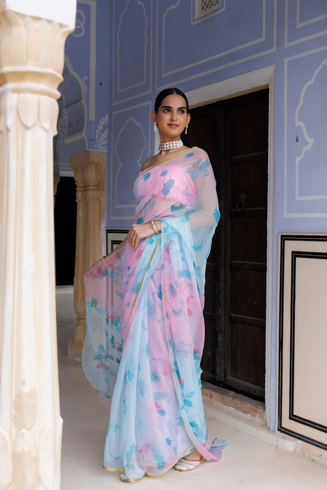 Blue-Pink Shaded Hand Painted Floral Chiffon Saree