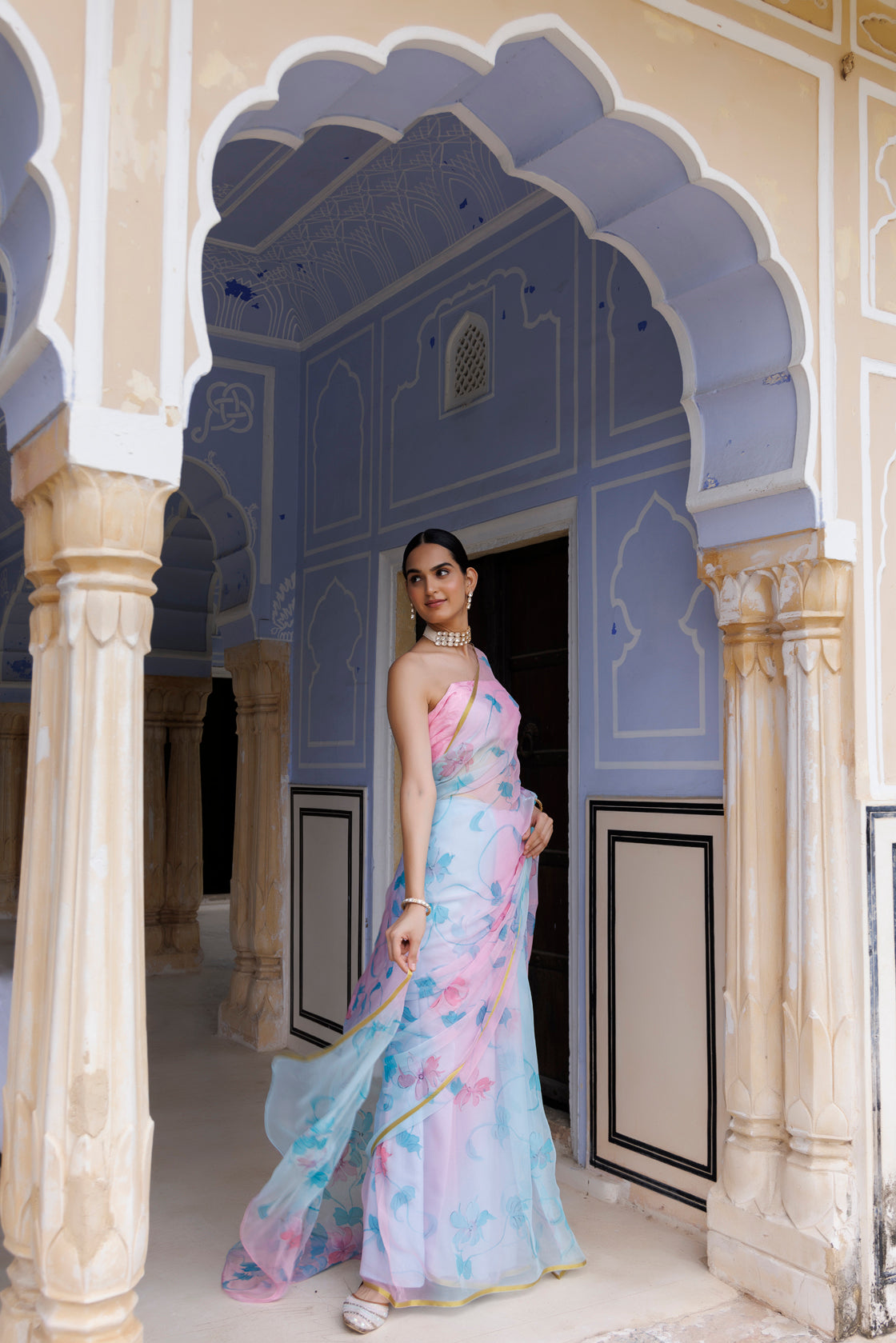Blue-Pink Shaded Hand Painted Floral Chiffon Saree
